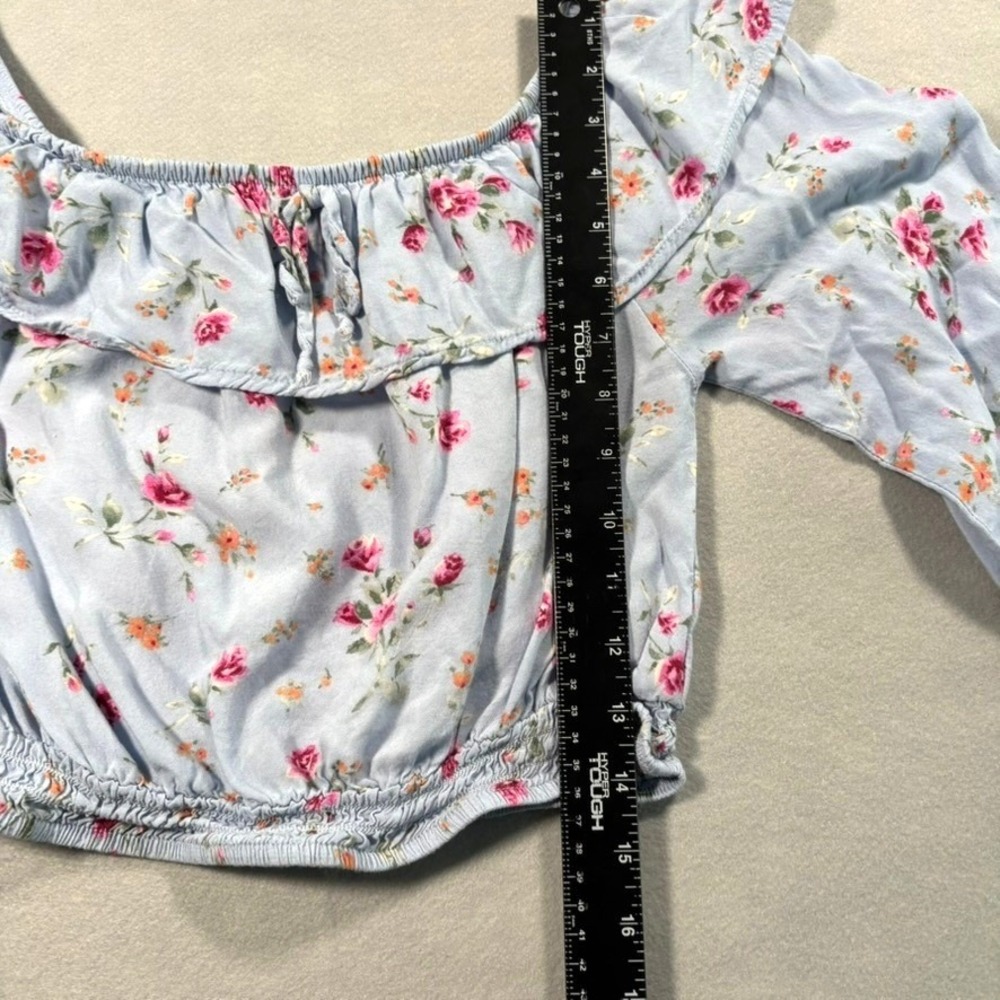 Blue Pink Floral‎ Ruffle Crop Top Long Sleeve M Cottagecore Coquette Feminine - Picture 6 of 11